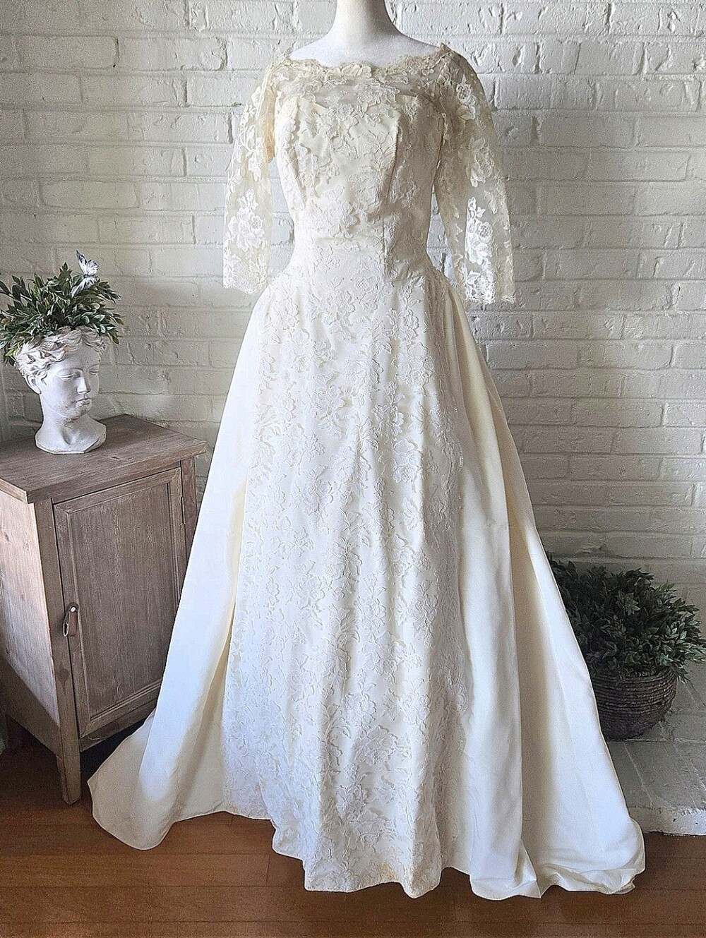 Vtg 50s Cream Lace Wedding Gown, Romantic, S, READ